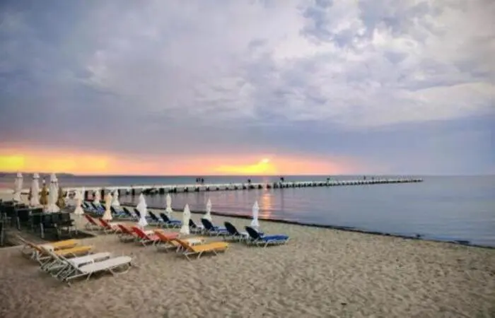 Perea Beach in Greece with sandy shore, clear waters, and Thermaikos Gulf near Thessaloniki