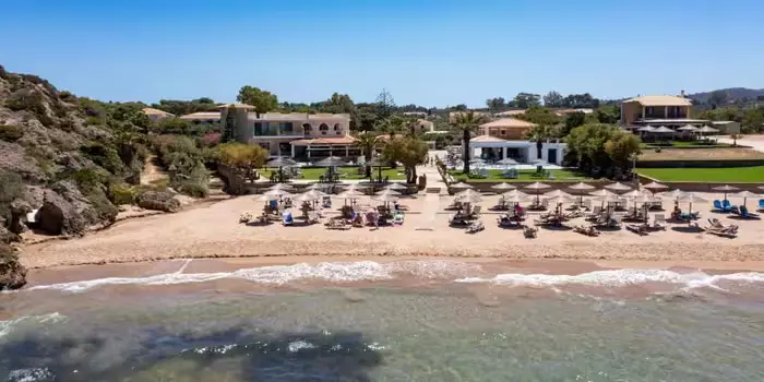 Plaka Beach in Naxos, Greece with long golden sand and turquoise water