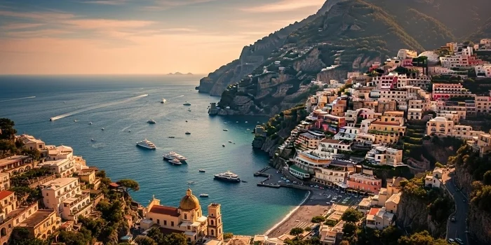 Stunning panoramic view of the entire Amalfi Coast in Italy showing multiple villages and the sea.