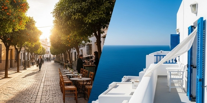 A split screen comparison of a sunny Spanish street in Seville and a white-washed balcony overlooking the sea in Greece for 2026 travel.