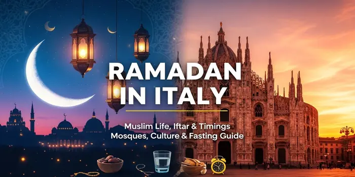 Attractive thumbnail for a guide on Ramadan in Italy 2026 showing a mosque, halal pasta, and tourists at the Colosseum.