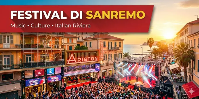 Festival di Sanremo featured image showing Ariston Theatre at sunset with Italian Riviera coastline and a red header bar.