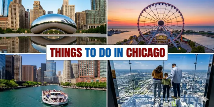 A collage of four popular Chicago attractions: Cloud Gate (The Bean), Navy Pier, a Chicago River architecture tour boat, and Skydeck at Willis Tower.