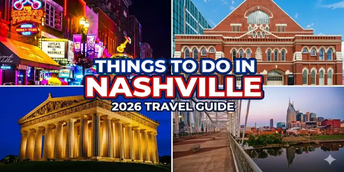 A high-quality collage featuring iconic Nashville attractions: the neon lights of Broadway's Honky Tonks, the historic Ryman Auditorium, the Parthenon at Centennial Park, and the Nashville skyline view from the John Seigenthaler Pedestrian Bridge.